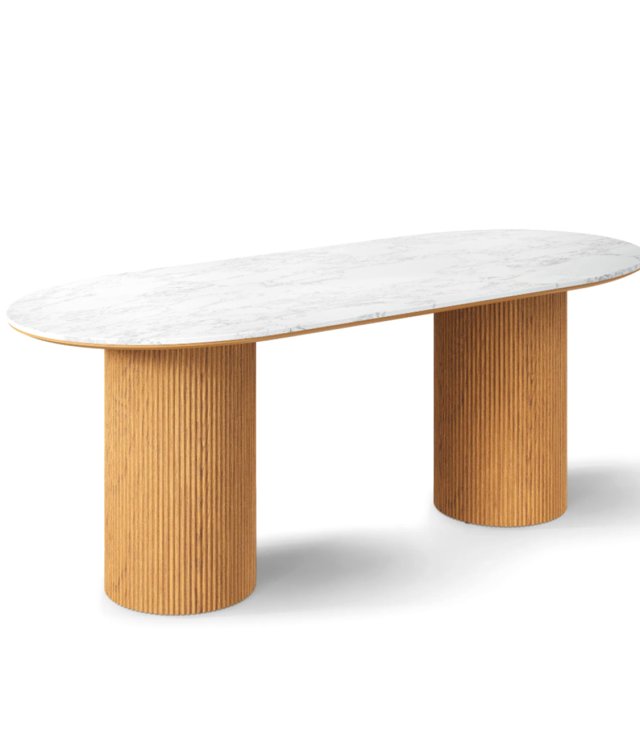 Modern Luxury Oval Dining Table | White Marble Top with Wood Pedestal Base