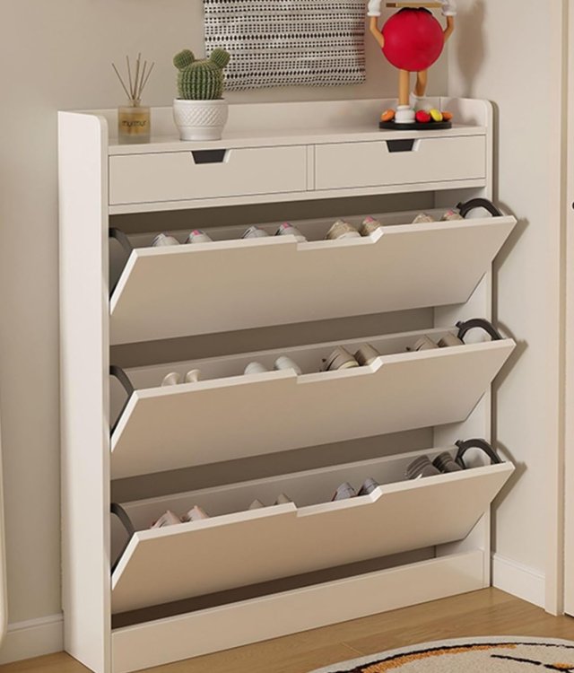 Slim Tilt-Out Shoe Cabinet with Drawers