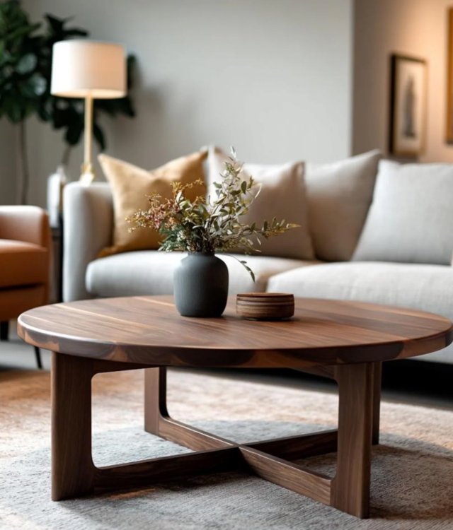 Minimalist Round Coffee Table | Sturdy Cross-Leg Base | Oak Veneer Top for Modern Living Room