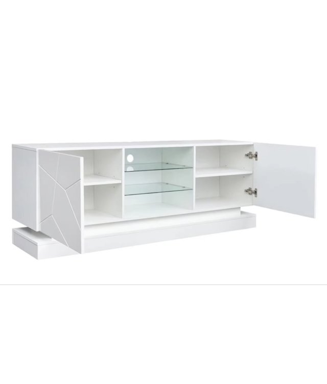 Modern LED TV Stand with Geometric Pattern | White High-Gloss Media Console with Storage