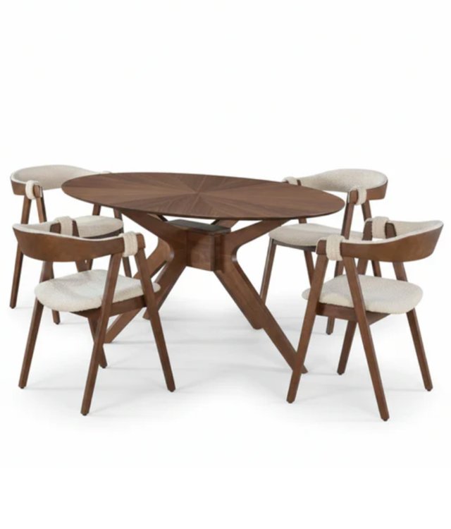 Mid-Century Solid Wood Round Dining Table Set with 4 Chairs | Walnut Sunburst Pattern