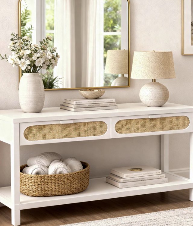 2-Drawer Rattan Console Table | Warm Oak Entryway & Living Room Furniture