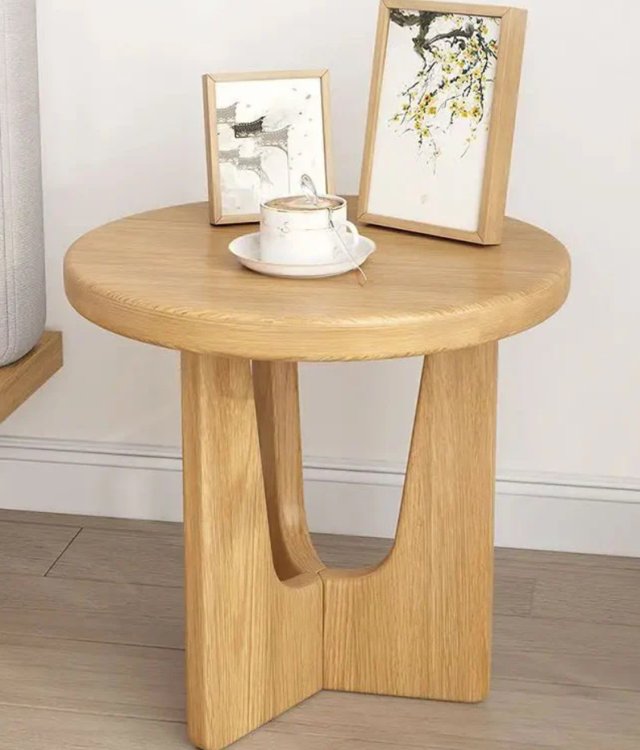 Minimalist Modern Solid Pine Round Side Table | Sculptural Dual-Panel Base | Multi-Functional Accent Table