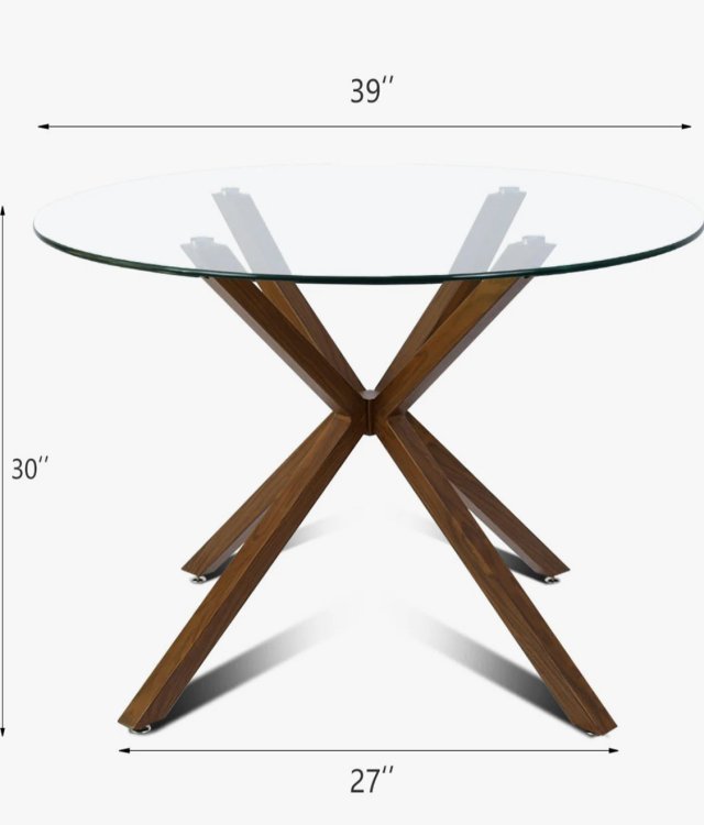 Modern Glass Round Dining Table | Wood X-Base Tempered Glass Kitchen Table