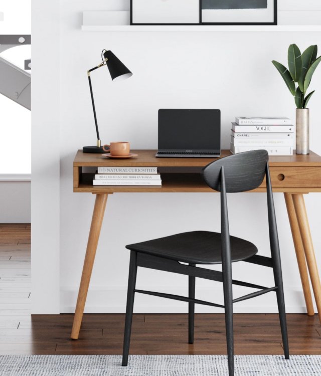 Solid Wood Home Office Desk with Tapered Legs – 1 Drawer + Open Storage