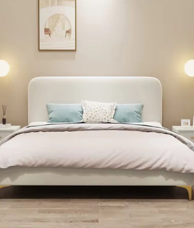 Solid Wood Bed Frame with Metal Legs & Upholstered Headboard | Modern Wooden Platform Bed | 160x200cm