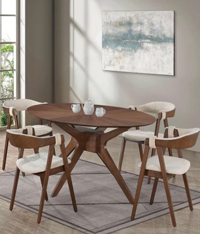 Mid-Century Solid Wood Round Dining Table Set with 4 Chairs | Walnut Sunburst Pattern