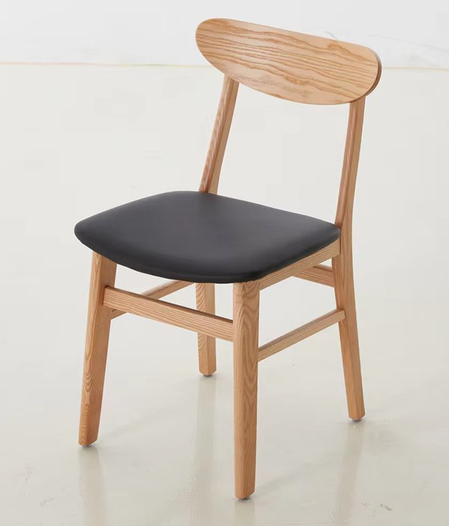 Minimalist Solid Wood Dining Chair | Black PU Leather Cushion Ash Wood Chair for Kitchen & Restaurant