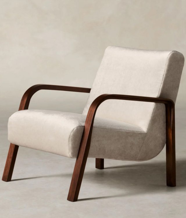 Mid-Century Modern Curved Wood Frame Accent Chair | Upholstered Fabric Lounge Chair