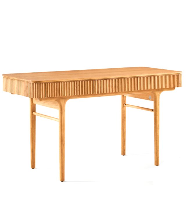 Modern Fluted Solid Oak Desk with 3 Drawers – Scandinavian Writing Desk for Home Office