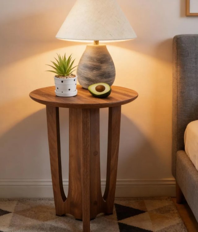 Mid-Century Modern Round Side Table Set of 2, Walnut Veneer, Curved Legs Accent Table for Living Room Bedroom