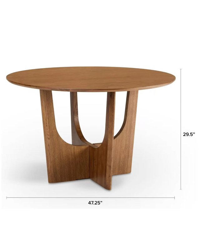 Mid-Century Solid Wood Round Dining Table | U-Shaped Art Pedestal Oak Table for Small Spaces