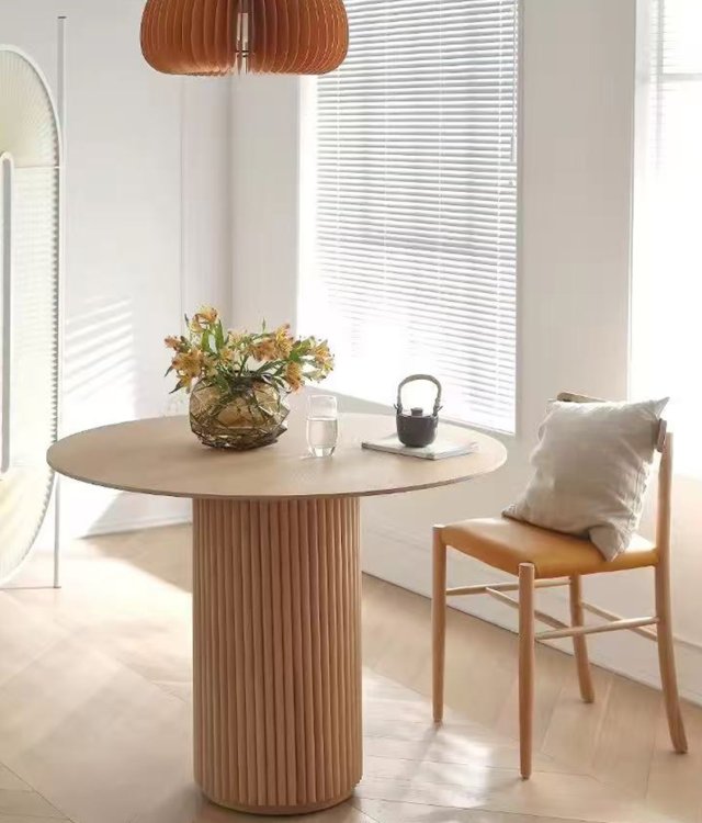 Nordic Fluted Pedestal Round Dining Table | Solid Wood Ribbed Column Table for Small Spaces