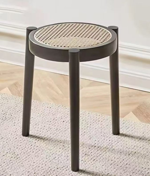 Modern Rattan Solid Wood Stool | Round Woven Seat Stool for Kitchen & Living Room