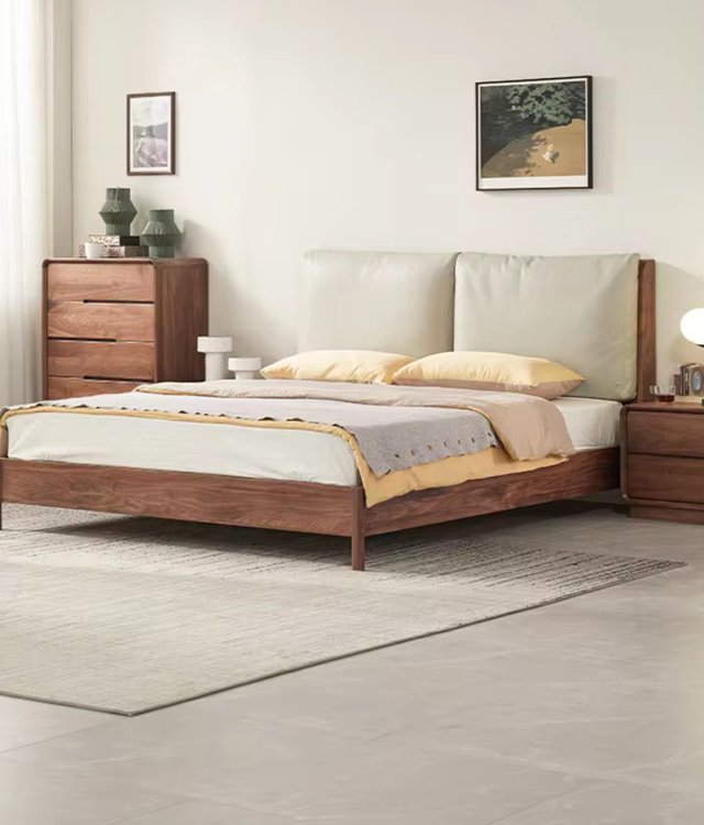 Modern Solid Wood Bed with Removable Upholstered Headboard | Walnut Finish