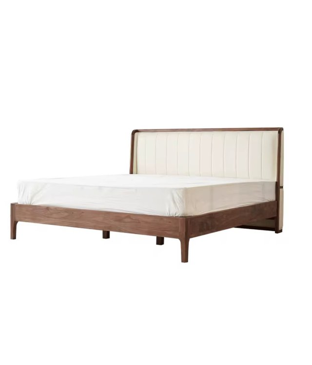 Modern Solid Wood Bed with Soft Fabric Headboard | Walnut Finish
