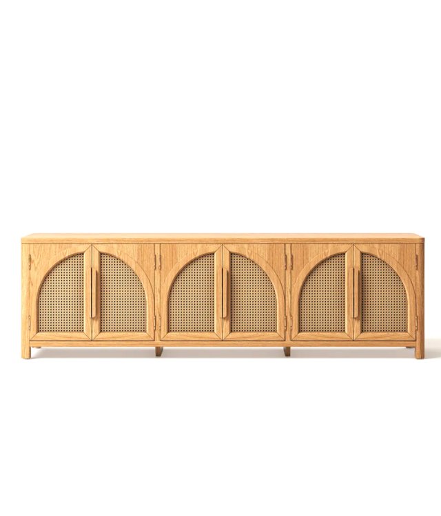 Modern Rattan Solid Wood Sideboard | Dining Room Storage Cabinet with Adjustable Shelves