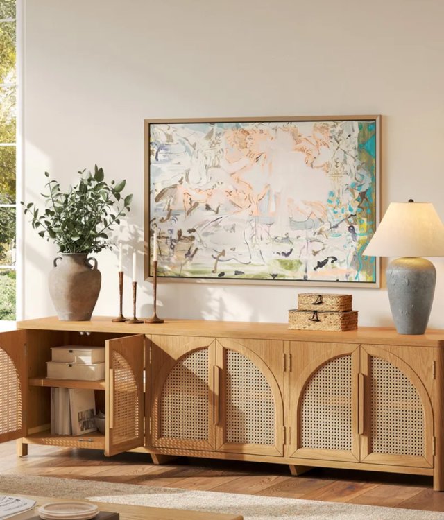 Modern Rattan Solid Wood Sideboard | Dining Room Storage Cabinet with Adjustable Shelves