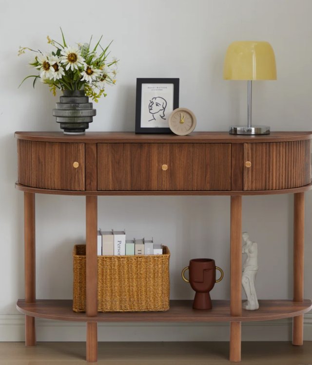 Fluted Half-Moon Console Table | Walnut Entryway Storage Furniture