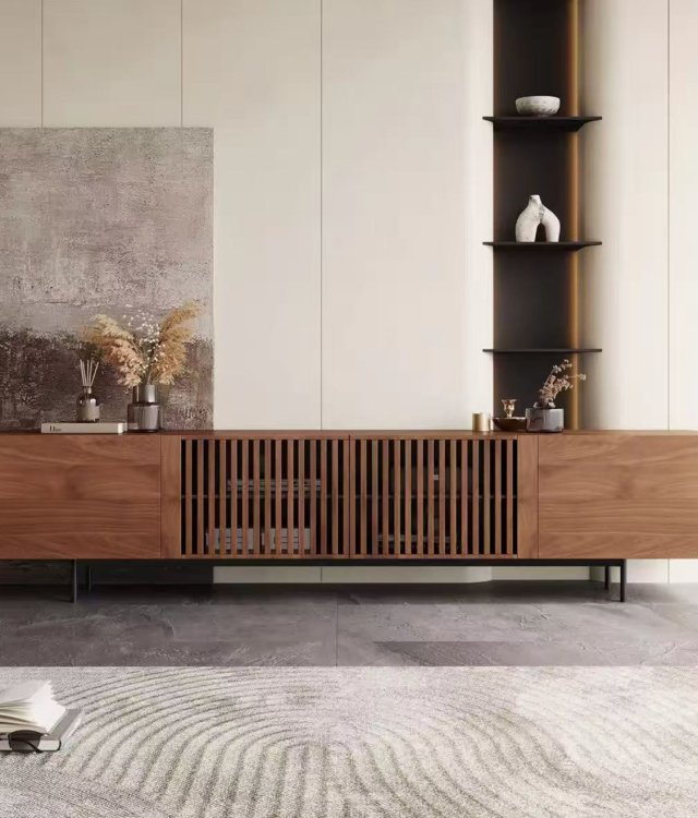 Mid-Century Modern Fluted Wood TV Stand | Media Console with Glass Open Storage