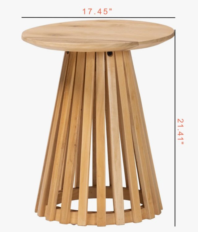 Natural Solid Wood Round Side Table | Tapered Slatted Pedestal Base | Modern Accent Table for Living Room
