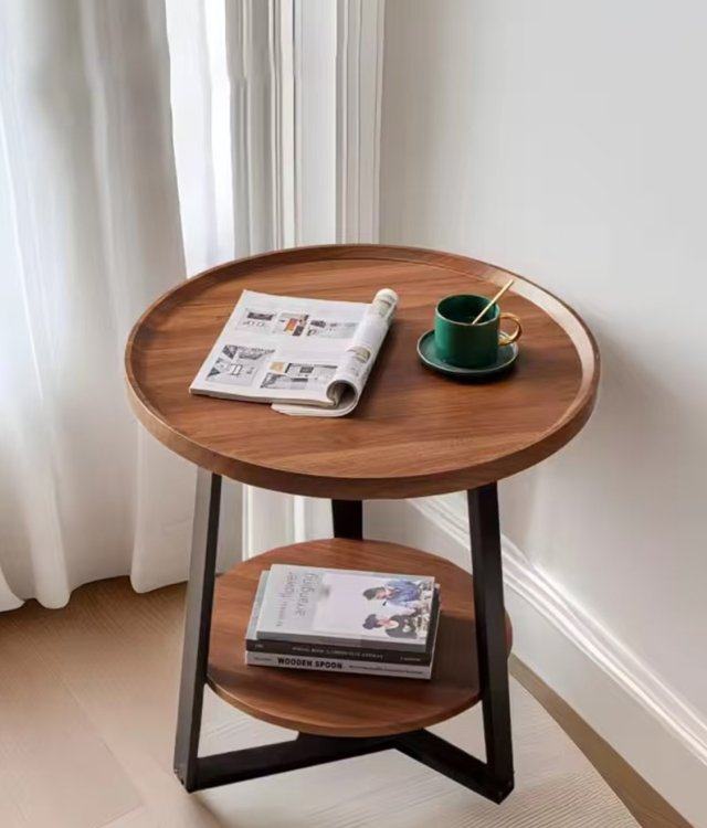 Industrial 2-Tier Round Side Table | Wood & Metal End Table with Storage