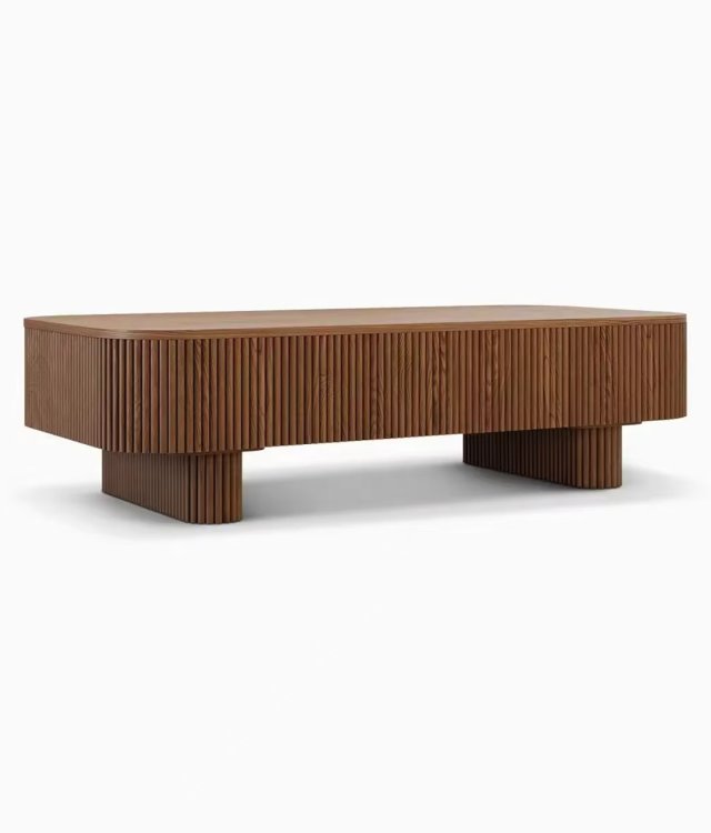 Modern Fluted Rectangular Coffee Table | Mid-Century Style | Warm Walnut Finish