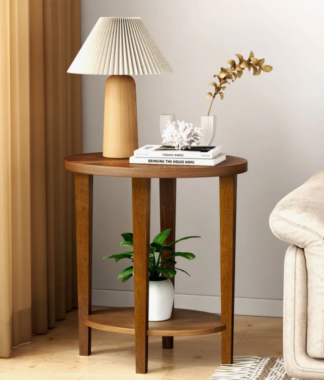 Premium Natural Solid Wood Oval Side Table | Farmhouse Style Double-Layer End Table | Durable Accent Table