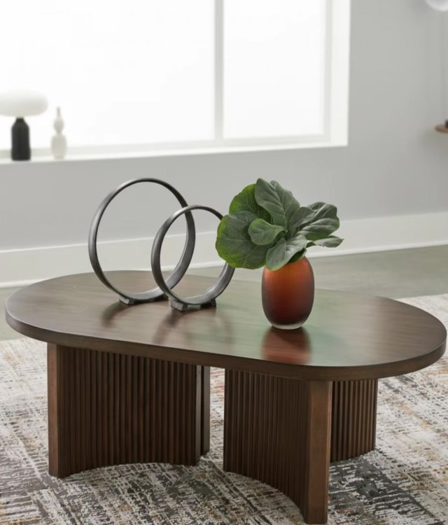 Oval Fluted Solid Wood Coffee Table Dark Walnut Mid-Century Modern Living Room Furniture