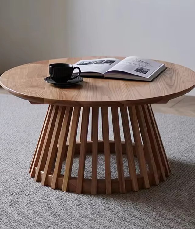 Modern Round Radiating Fluted Coffee Table | Natural Solid Wood | Wabi-Sabi Style