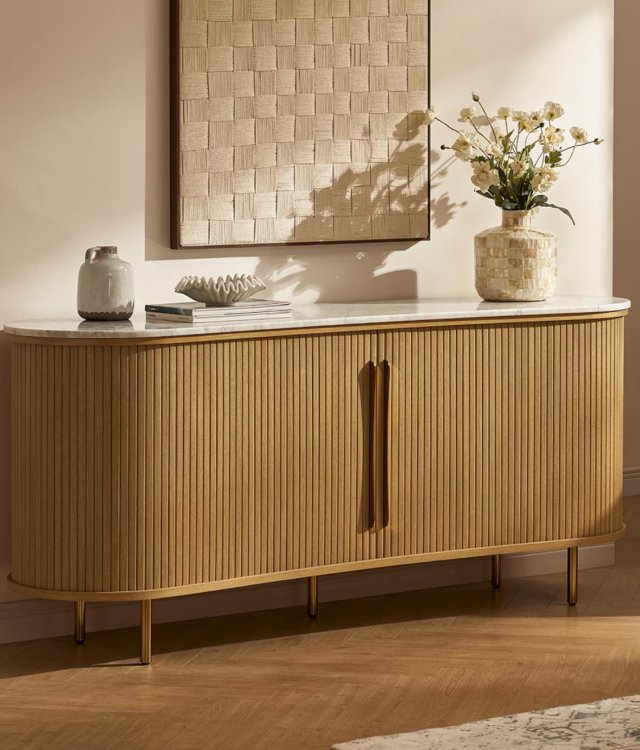 Modern Marble Top Sideboard | Dining Room Storage Cabinet with Fluted Doors