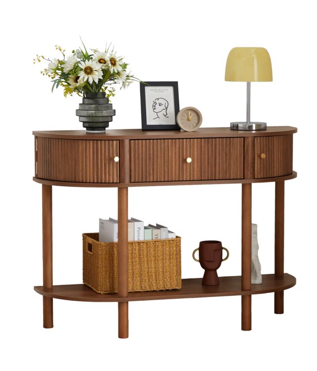 Fluted Half-Moon Console Table | Walnut Entryway Storage Furniture