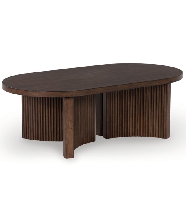 Oval Fluted Solid Wood Coffee Table Dark Walnut Mid-Century Modern Living Room Furniture