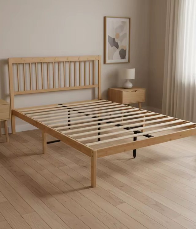 Natural Solid Wood Platform Bed Frame with Vertical Slatted Headboard | 160x200cm 