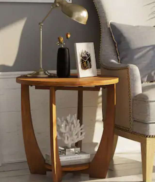 Modern Curved Wood Side Table with Open Shelf | Rustic Oval Accent Table for Living