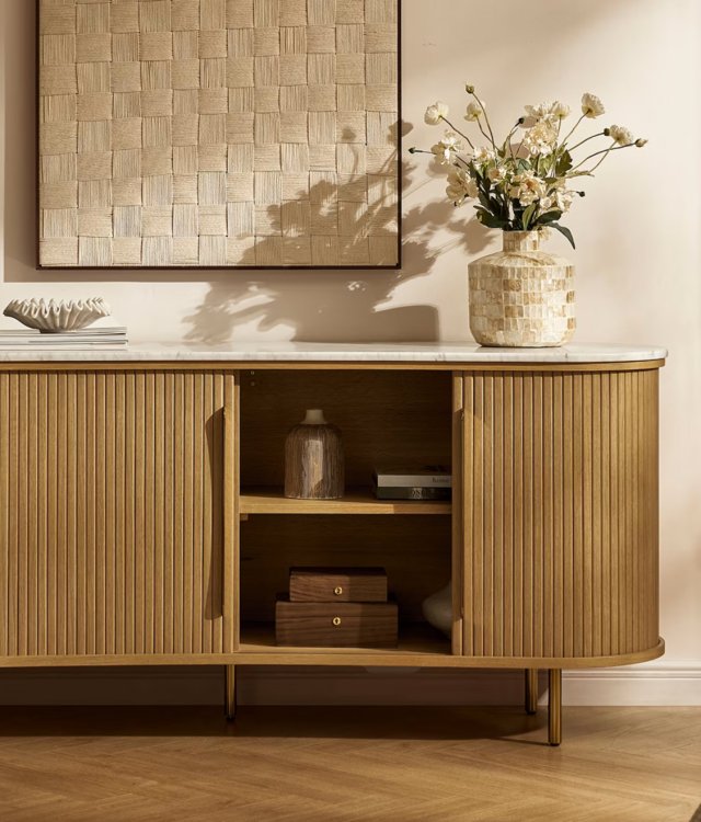 Modern Marble Top Sideboard | Dining Room Storage Cabinet with Fluted Doors