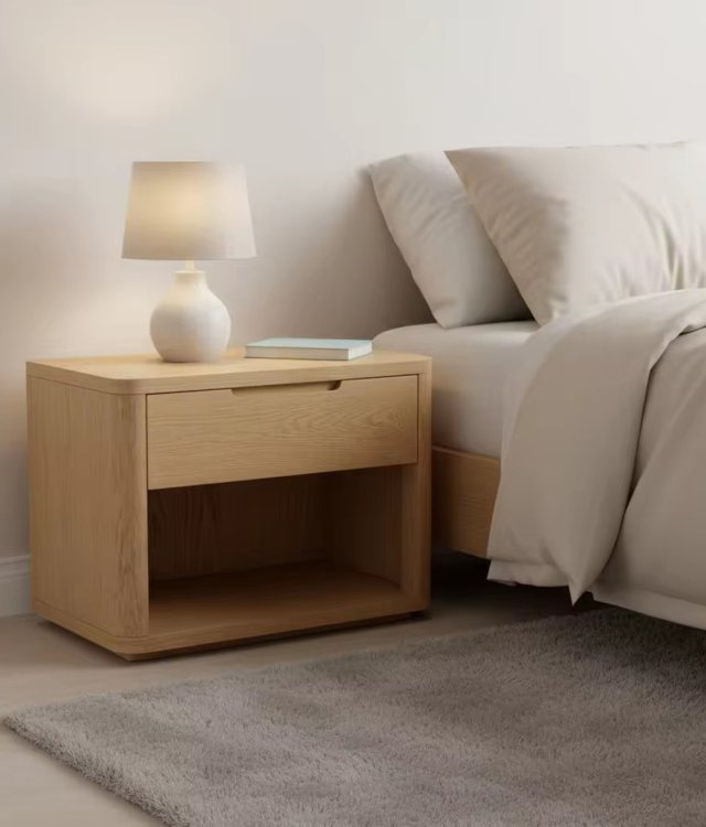 Minimalist Rounded Oak Bedside Table | Modern 1-Drawer Nightstand with Open Shelf