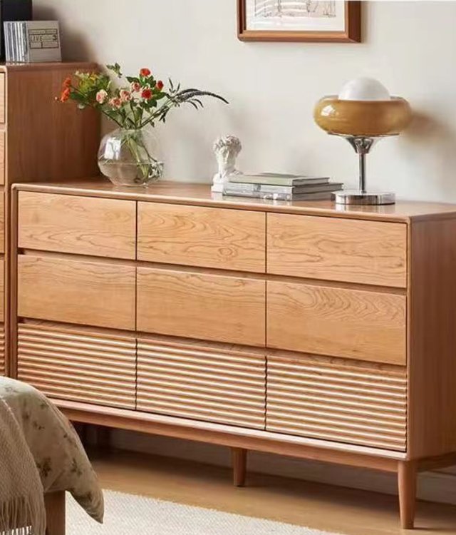 Mid-Century Modern 9-Drawer Wood Dresser | Slatted Front Oak Chest of Drawers