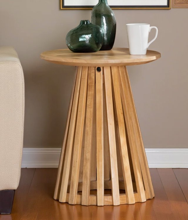 Natural Solid Wood Round Side Table | Tapered Slatted Pedestal Base | Modern Accent Table for Living Room