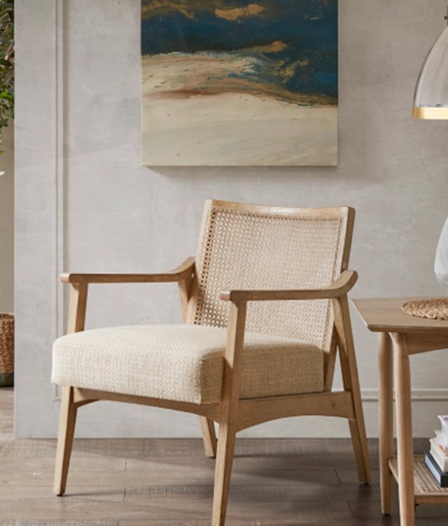 Natural Cane Back Lounge Chair with Textured Fabric Cushion