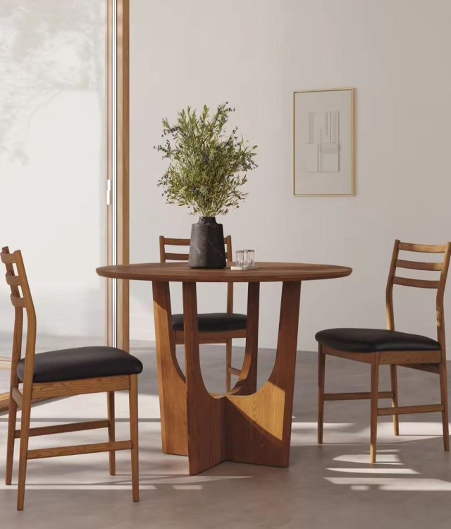 Mid-Century Solid Wood Round Dining Table | U-Shaped Art Pedestal Oak Table for Small Spaces