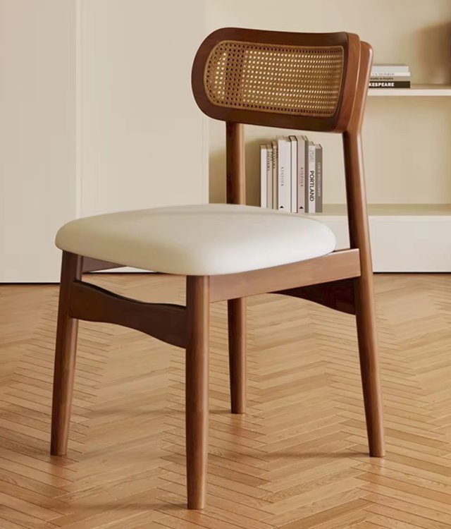 Mid-Century Solid Wood Rattan Dining Chair | PU Leather Cushion Cane Back Accent Chair