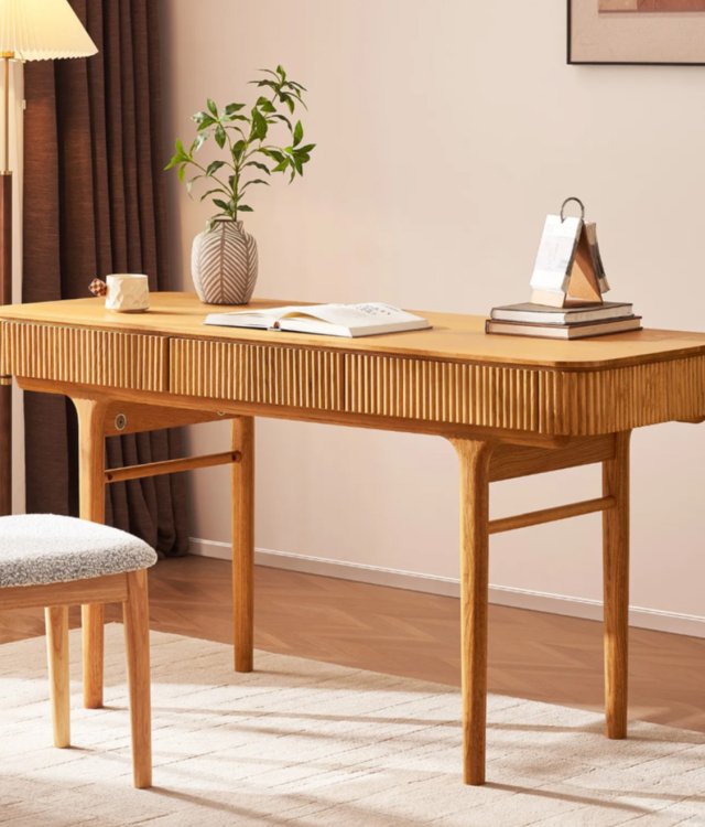 Modern Fluted Solid Oak Desk with 3 Drawers – Scandinavian Writing Desk for Home Office