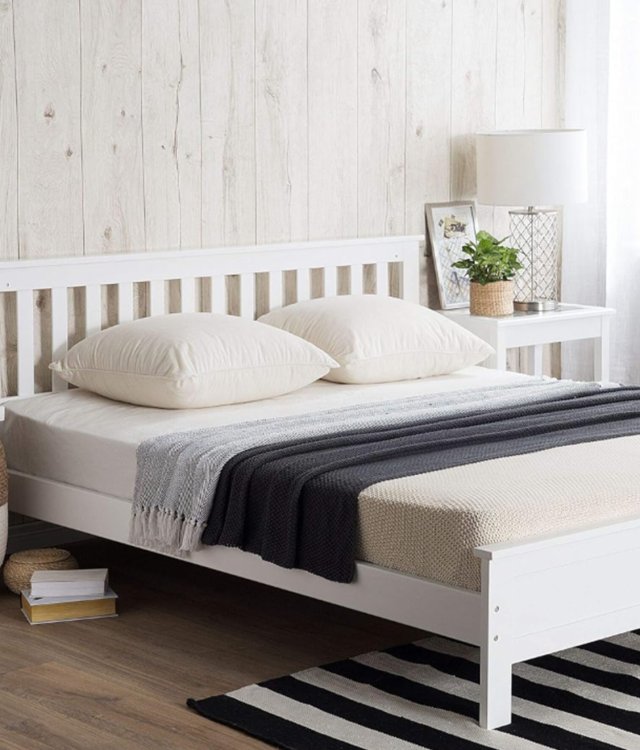 White Solid Wood Bed Frame with Slatted Headboard | Classic Pine Bed | 180x200cm