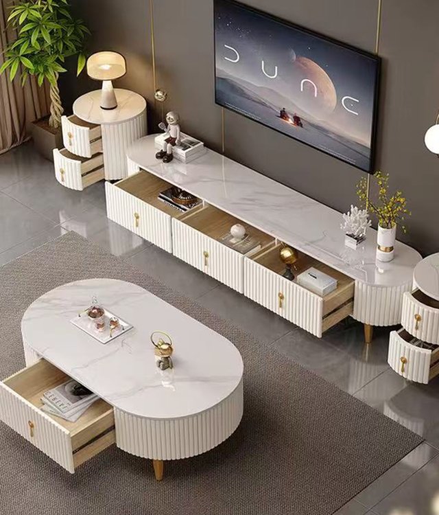 Modern Oval TV Stand & Coffee Table Set | White High-Gloss with Marble Top & Gold Accents