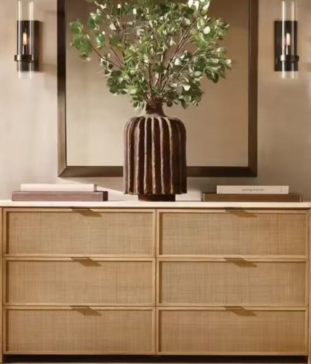 Rattan & Solid Oak Dresser with Travertine Top | 6-Drawer Storage Chest