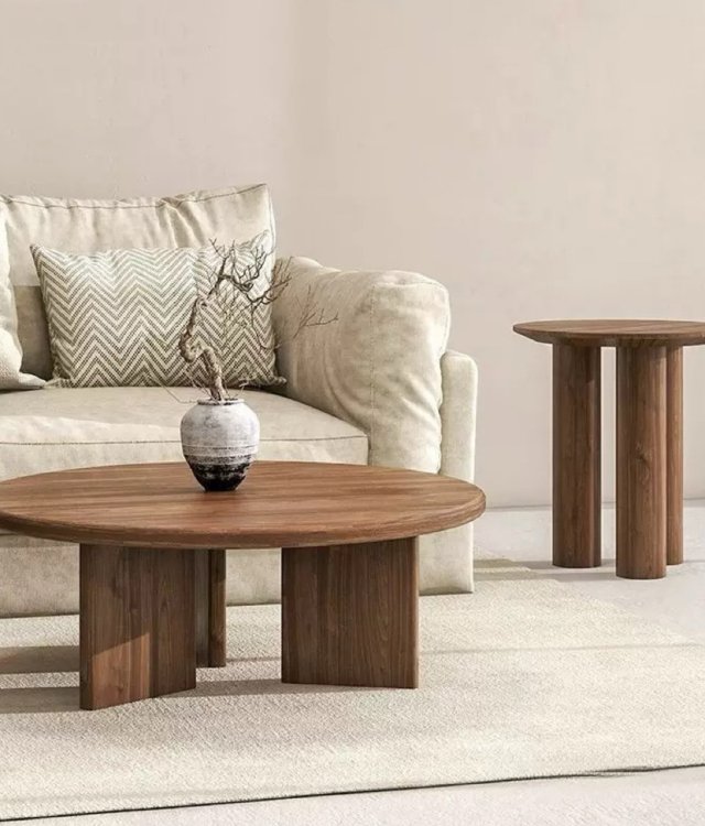 Minimalist Solid Wood Round Coffee Table & Side Table Set 