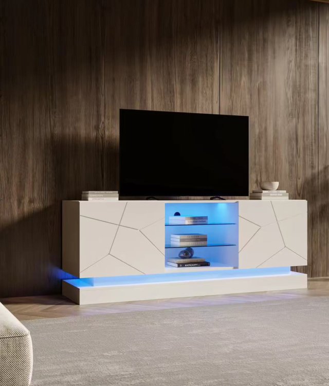 Modern LED TV Stand with Geometric Pattern | White High-Gloss Media Console with Storage