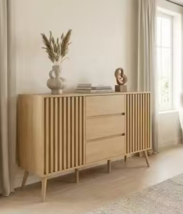 Solid Wood Sideboard with Fluted Doors | 3-Drawer Storage Cabinet | Natural Oak Finish for Living Room & Dining Room