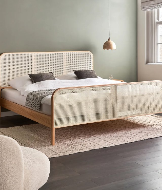 Scandinavian Rattan Bed Frame with Solid Wood Frame | Natural Cane Headboard & Footboard | 160x200cm